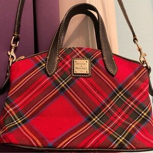 Red and plaid cross-body purse from Dooney & Bourke
